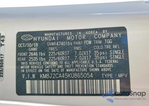2019 Hyundai Tucson Se z USA, uszkodzony, nr VIN KM8J2CA45KU865054